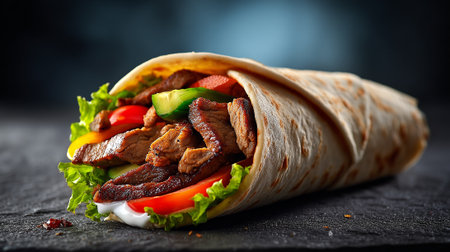 Doner kebab with meat and vegetables on a dark backgroundの素材