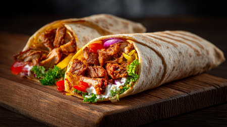 Tortilla wrap with meat, vegetables and sauce on wooden backgroundの素材