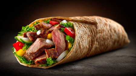 Tortilla wrap with grilled meat and vegetables on black background.の素材