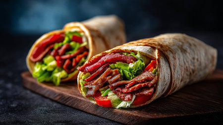 Tortilla wraps with beef, lettuce, tomato and cucumberの素材