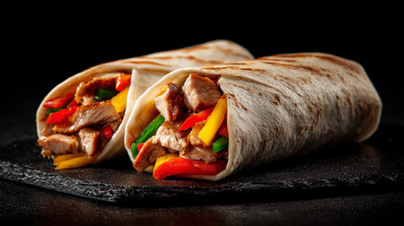 Tortilla wrap with meat, bell pepper and onion on black backgroundの素材