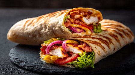 Tortilla wrap with beef and vegetables on a black background.の素材