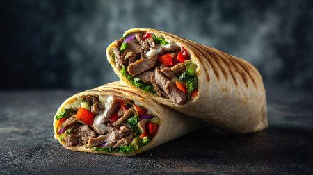 Tortilla wrap with beef, vegetables and cheese on dark backgroundの素材