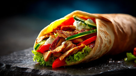 Tortilla wrap with grilled meat and vegetables on black wooden backgroundの素材