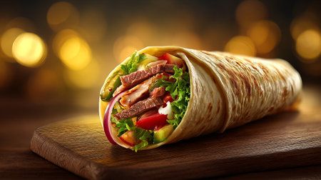 Tortilla with meat and vegetables on wooden board on blurred backgroundの素材