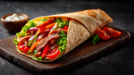 Tortilla wrap with meat, vegetables and sauce on dark backgroundの素材