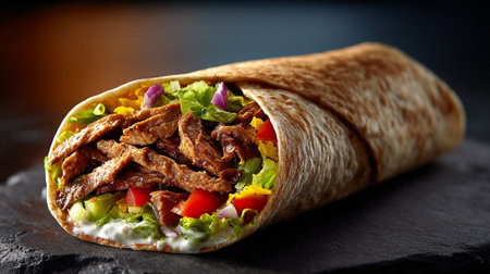 Doner kebab with meat and vegetables on a black backgroundの素材