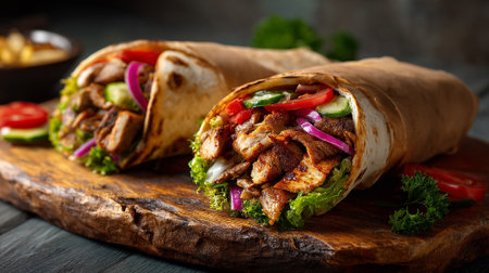 Tortilla wrap with grilled meat and vegetables on wooden cutting boardの素材