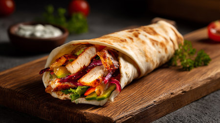 tortilla wrap with chicken and vegetables on a wooden cutting boardの素材
