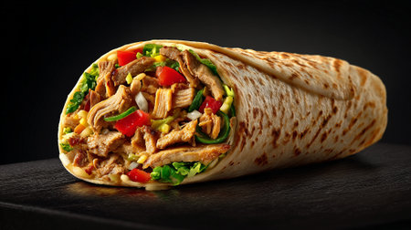 Tortilla wrap with meat and vegetables on a black background.の素材