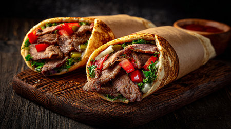 Traditional mexican tacos with beef and vegetables on dark wooden backgroundの素材