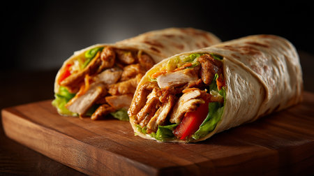Tortilla wrap with grilled chicken and vegetables on wooden cutting boardの素材