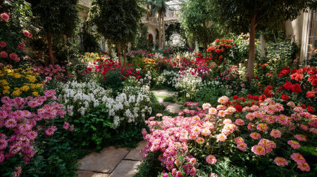 Blooming Paradise: A Lush Indoor Garden of Vibrant Flowers and Treesの素材