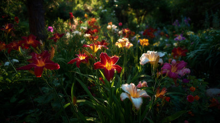 Vibrant daylilies in a sun-dappled garden during golden hour are wonderfully striking.の素材