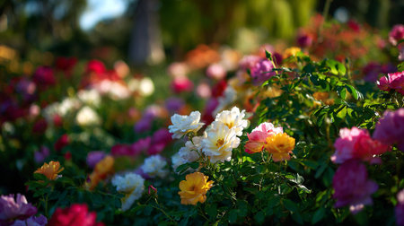 Blooming Roses Delight: A Garden of Colorful Rose Flowers on a Sunny Dayの素材