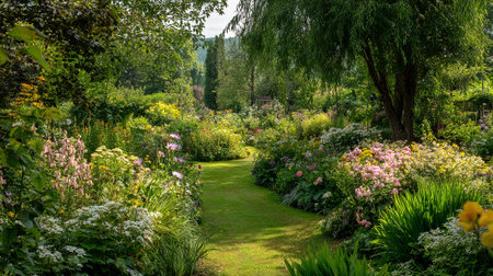 Lush English Garden Path with Colorful Wildflowers and Green Grassの素材