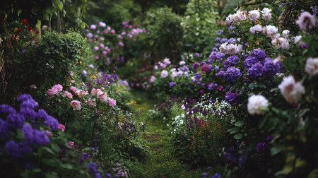 Enchanting garden path with a profusion of colorful flowers in bloom.の素材