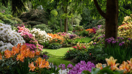 Vibrant Rhododendron Garden Path in Lush Springtime Landscape, Floral Abundanceの素材