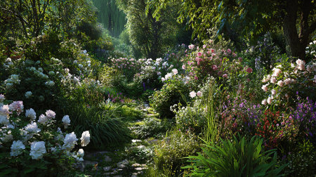 Enchanting Secret Garden Pathway with Lush Flowers in Full Bloom.の素材