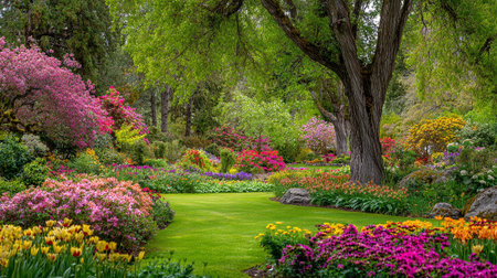 Serene springtime garden featuring blooming colorful flowers and green lawns and trees.の素材