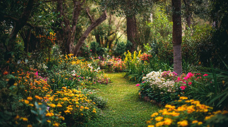 Enchanting Floral Path: A Journey Through Vibrant Colors and Lush Greeneryの素材