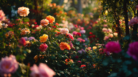 Lush Rose Garden Displaying a Variety of Colorful Roses Under Soft Sunlightの素材