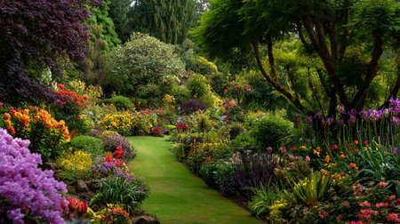 Lush green garden path with vibrant multicolored flowers and trees in summertime.の素材