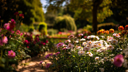 Serene Garden Path with Vibrant Dahlias in Full Bloom Sunlightの素材