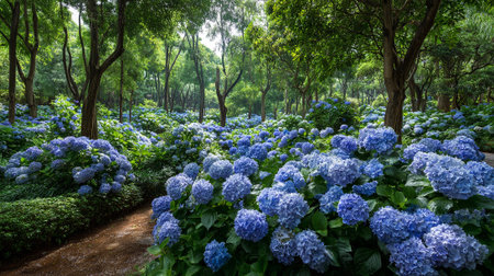 Beautiful blue hydrangea flower field in the serene forest under sunlightの素材