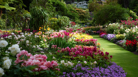 A Lush Flower Garden with Vibrant Blooms and a Green Pathwayの素材