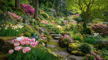 Stone steps winding through a vibrant colorful garden paradise in springtime.の素材