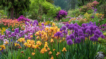 Lush flowerbed full of colorful blooms in vibrant spring garden sceneryの素材