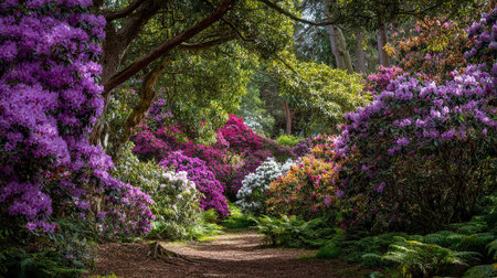 Breathtaking Rhododendron Garden Path: A Colorful Springtime Landscape in Full Bloomの素材