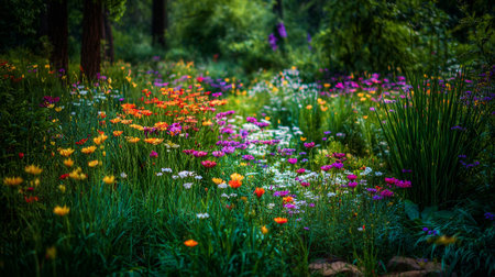Vibrant wildflower meadow showcasing orange, yellow, pink, and white blossoms in lush greenery.の素材