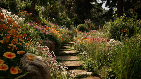 Stone Pathway Through a Lush Floral Garden Paradise in the Sunshineの素材
