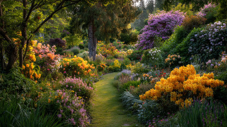 Lush garden path scene featuring colorful rhododendrons, plants and green trees.の素材