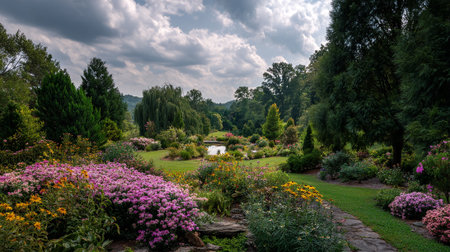 Serene garden landscape with a beautiful array of colorful flowers and a pond.の素材