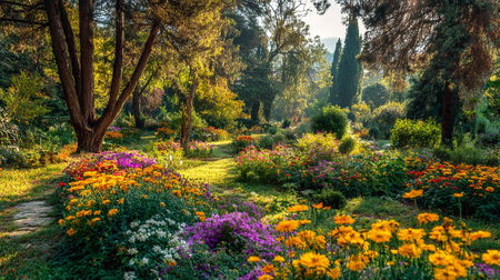 Enchanting garden vista with vibrant flowers and sunlight creating a serene ambianceの素材