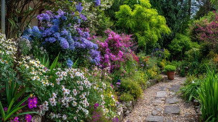 Lush Flower Garden Path with Blue, Pink, and White Blossomsの素材