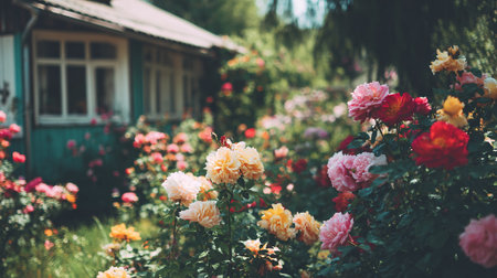 Charming Rose Garden: Rustic Cottage Surrounded by Colorful Blossoms in Full Bloomの素材