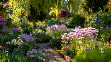 Lush Summer Garden Pathway with Vibrant Flowers and Green Foliageの素材