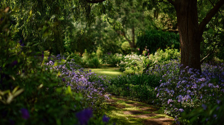 Serene garden path lined with vibrant purple flowers and lush greenery.の素材