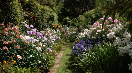 Lush garden pathway filled with blooming flowers in a sunny settingの素材