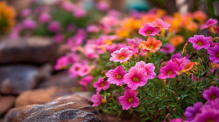 Vibrant pink petunias and orange calibrachoa flowers creating a colorful garden sceneの素材