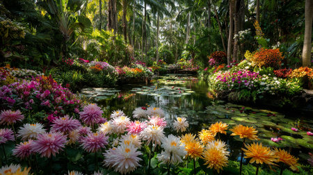 Lush Botanical Garden Oasis with a Tranquil Pond and Vibrant Bloomsの素材