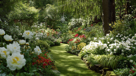 Lush Garden Path with Blooming Flowers and Sunlight Creating Tranquil Sceneの素材