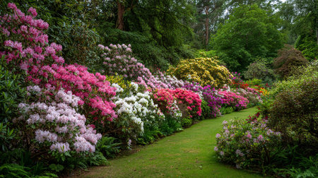Picturesque garden path lined with blooming rhododendrons in vibrant hues of springtime.の素材