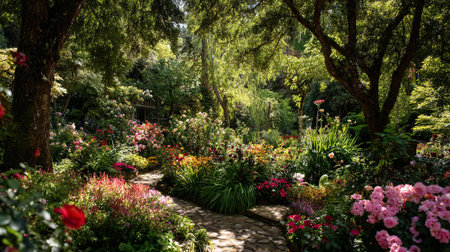 Blooming Garden Path: A Sun-Dappled Retreat of Flowers and Greenery in Serenityの素材