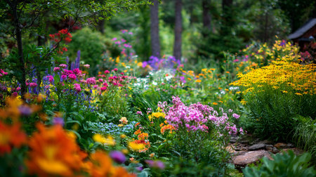 Vibrant flower garden blooms in a lush and colorful natural setting.の素材