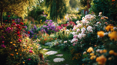 Serene Garden Path with Blooming Flowers and Lush Greenery Sceneの素材